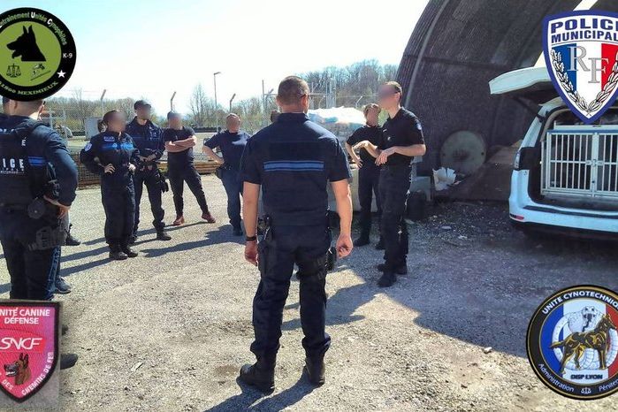 Hangar et véhicules d'unité cynophile sur le terrain du CEUC